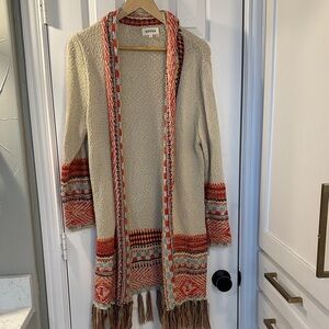 ADORA Women's Beige and Red Knit Cardigan with tassels